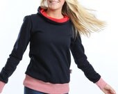 Handmade Womens Navy Blue maritime Pullover Hoodie Long Sleeved Sweatshirt with red and white-striped Details  - Size XS - XL
