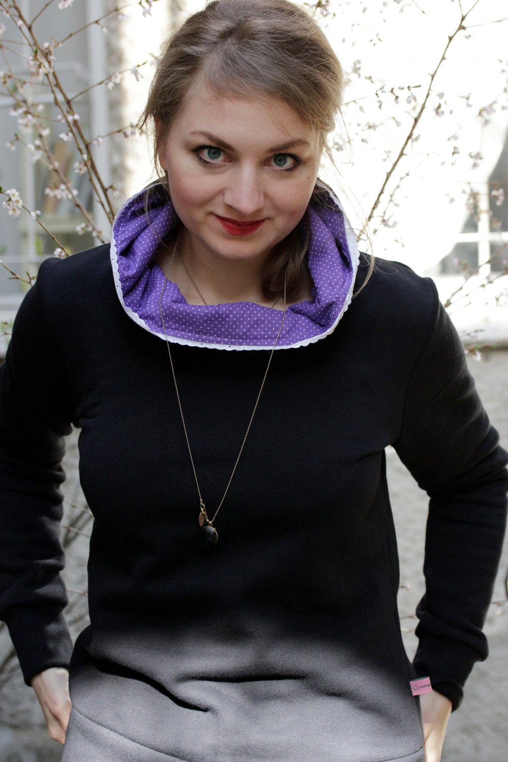 Womens Black Pullover Hoodie with a purple dotted hood Long Sleeved Sweatshirt - Size XS-XL