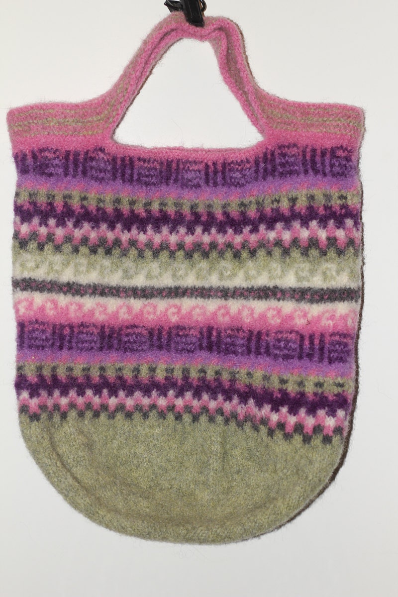 Felted Knit Tote Bag Purse Multi-Colored Pink, Purple, White and Light Green Bottom