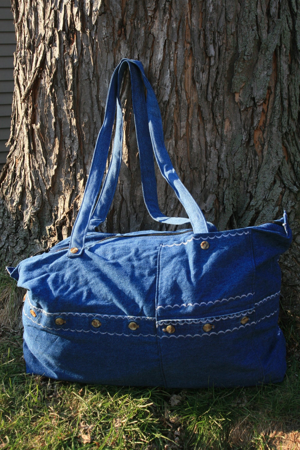 Adoption Fundraiser: Large Sewn Blue Jean Tote Bag With Inside/Outside Pockets and Zippers and Buttons