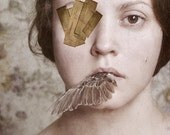I Can't Look Away - FREE SHIPPING Print Girl Bird Wing Mouth Eye Patch Tape Cream Yellow Brown Pink Face Photo Art Portrait Surreal Creepy