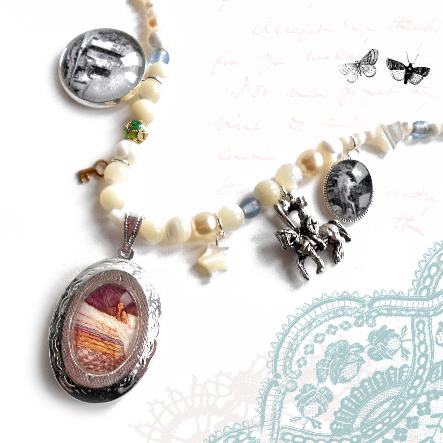The Princess and the Pea OOAK Necklace with Locket Pendant and Many Fairytale Charms