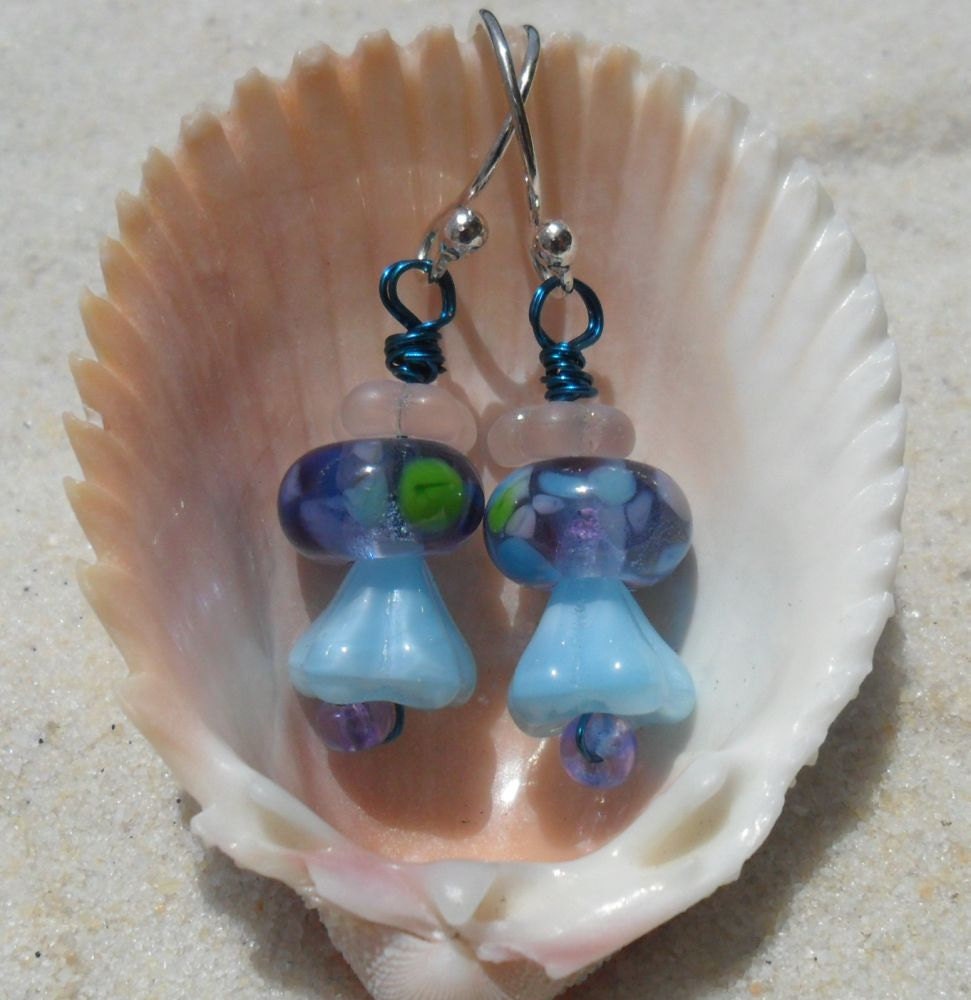Lampwork Earrings, Blue Flower Fairies, Handmade SRA LETEAM Glassymom
