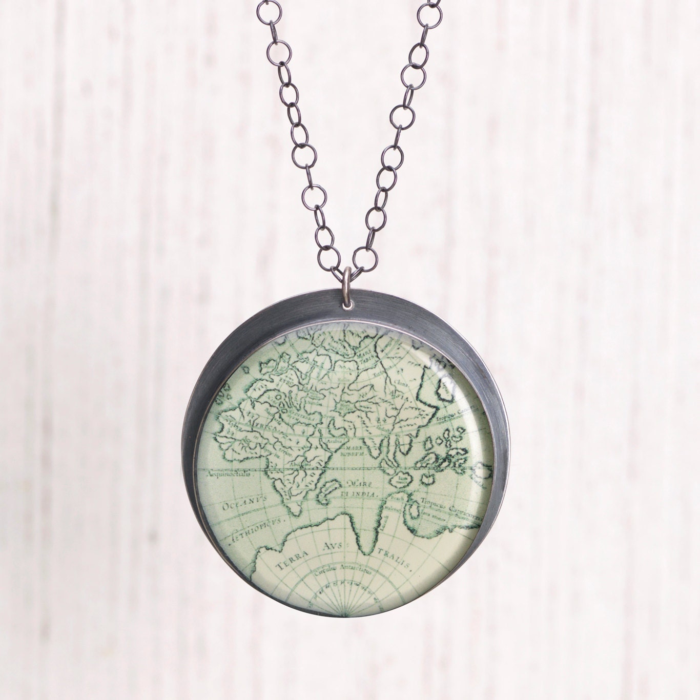 Eastern Hemisphere Antique Map Wanderlust Large Sterling Silver Pendant