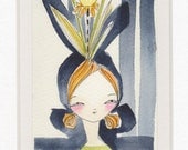 ORIGINAL ACEO, of a woman with flowers in her hair,  Artist trading cards, ATC whimsical watercolor by cori dantini