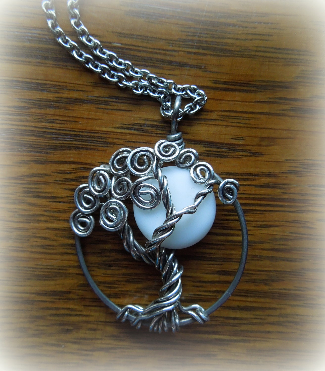 White Moon in a Tree Necklace-Sterling silver-Tree of Life-Fantasy
