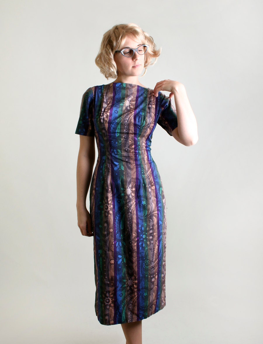 Vintage Wiggle Dress - 1960s Paisley Print Fitted Day Dress - Small