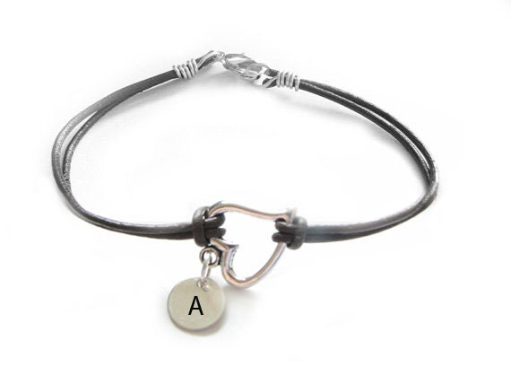 Silver Heart Bracelet Wire Wrapped Hand Stamped sterling silver Initial Leather Suede Jewelry Gift for Birthday Wedding