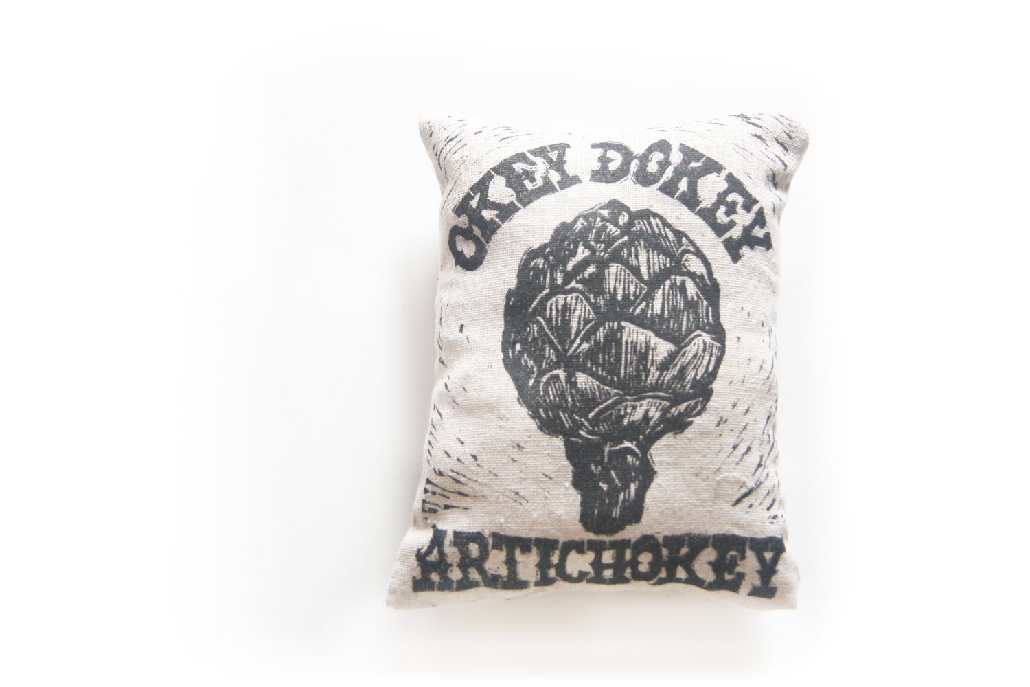 Okey Dokey Artichokey Hand Printed Novelty Linen Pillow
