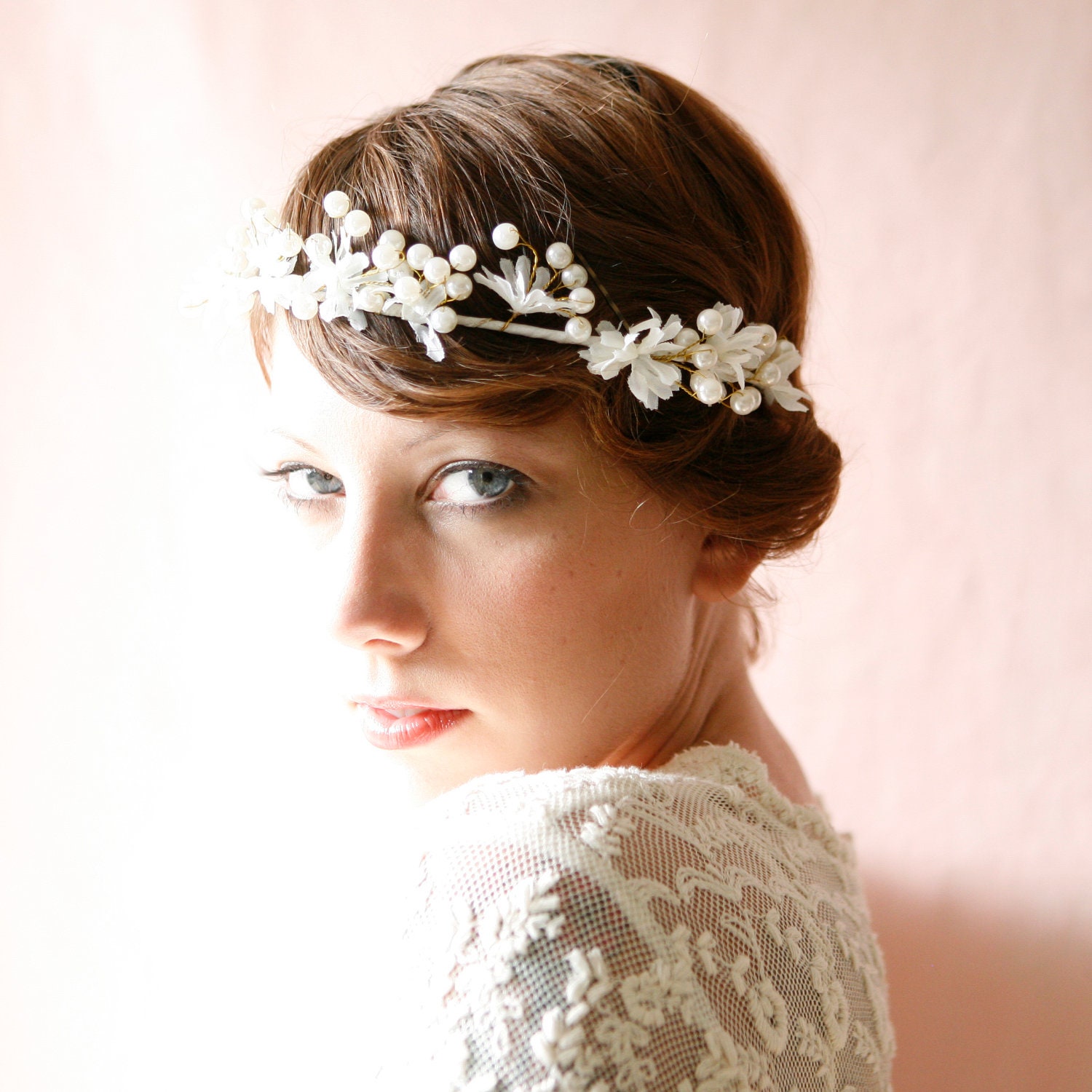Bridal tiara, Wedding hair crown, Ivory and pearl hair piece, bridal head piece, whimsical bridal hair band