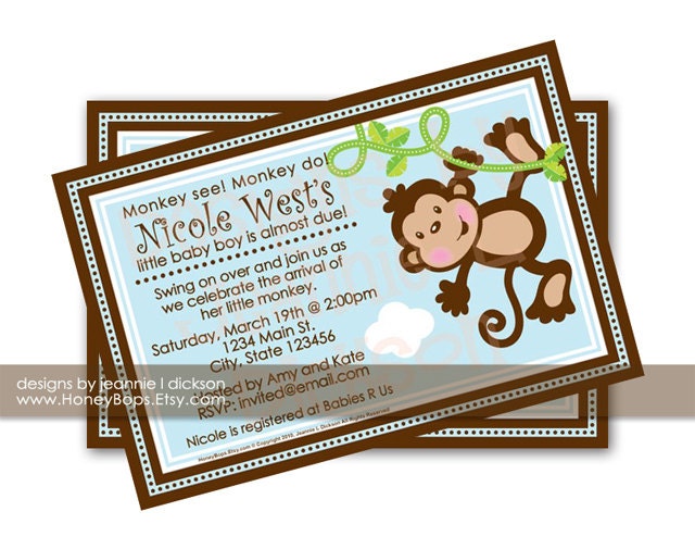 Monkey Invitation Birthday Baby Shower Announcement BLUE custom invite - uPrint Digital JPG File