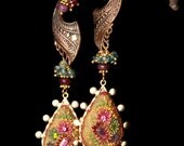 Vintage Brass wing findings, swarowski, Mystic Green Quartz, genuine Ruby,garnet clay floral gold earrings - On Whimsical Wings