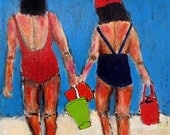 Original Acrylic Figurative Painting - Two little girls on the beach with sand pails - Beach Day