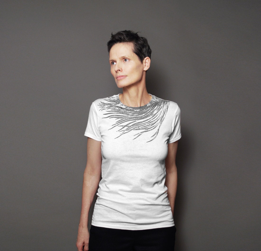 Womens Spring Fashion White T shirt - Peacock Feather  - Silver Metallic Peacock Feather Print