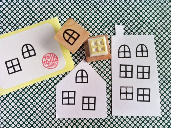 window  rubber stamp - hand carved stamp - hand carved rubber stamp -  set of 2- mounted