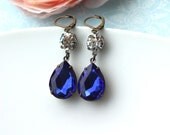 Deep Sapphire Blue Vintage Pear Teardrop Jewel & Round Crystal Jewel Earrings. Wedding Earrings. Bride. Something Blue.