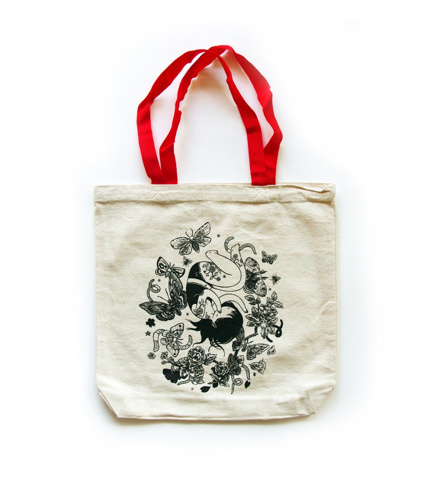 Tote Bag - Moth Girl - Silkscreened cotton canvas carryall - sweet, romantic art