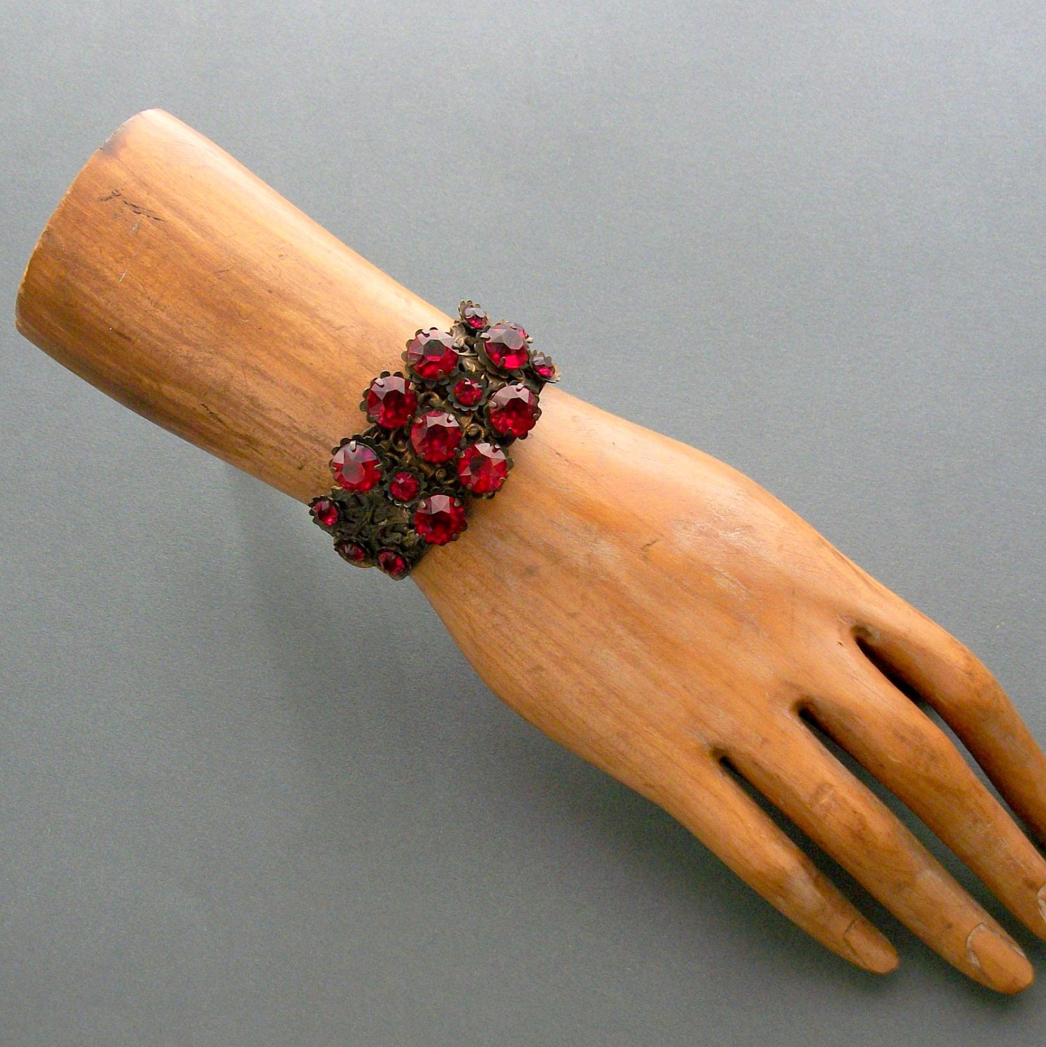 Art Deco Bracelet. Wide Cuff. Huge Dark Red Crystal Rhinestones.