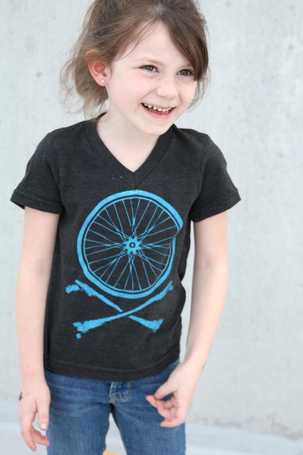 Kids V Neck American Apparel T Shirt - Bicycle Wheel and Crossbones Sizes 2, 4 and 6