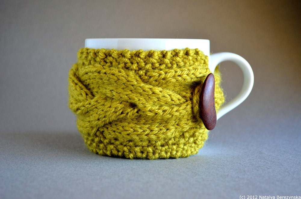 Cabled Cup Cozy - Coffee Cozy in Chartreuse Green - Knitted Cup Cozy - Summer Pea Green Yellow Lime Cosy - Fathers Day Gift