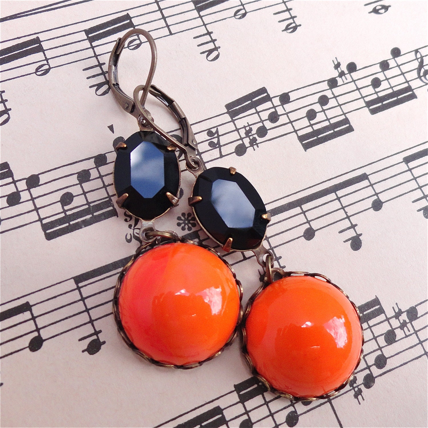 Vintage Swarovski Earrings Retro Black Orange Rhinestones