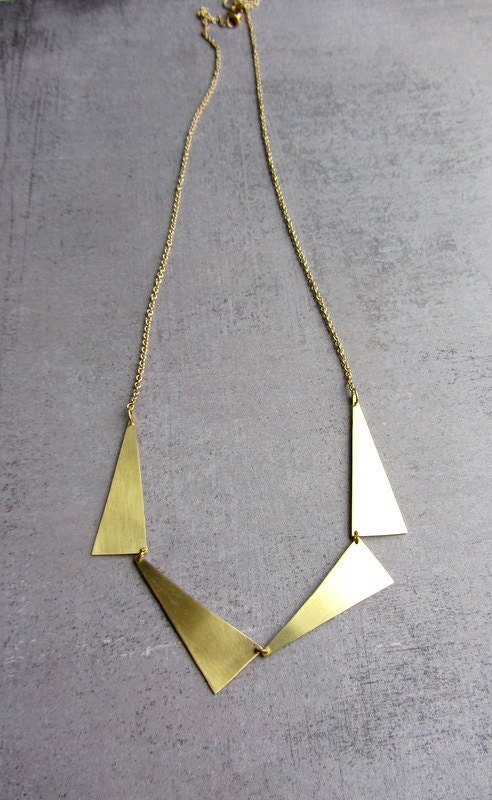 Statement Geometric triangle gold brass long necklace. Gold plated chain.