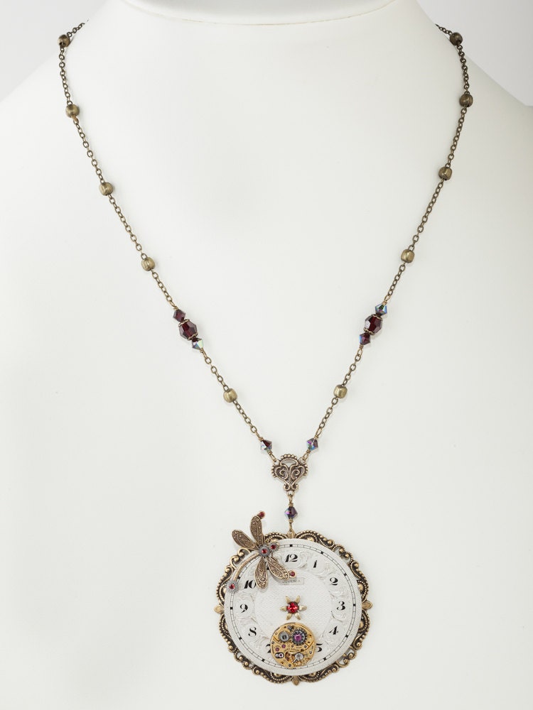 Steampunk necklace vintage Victorian silver pocket watch dial movement gears Ruby gold filigree dragonfly flower crystal jewelry 1835
