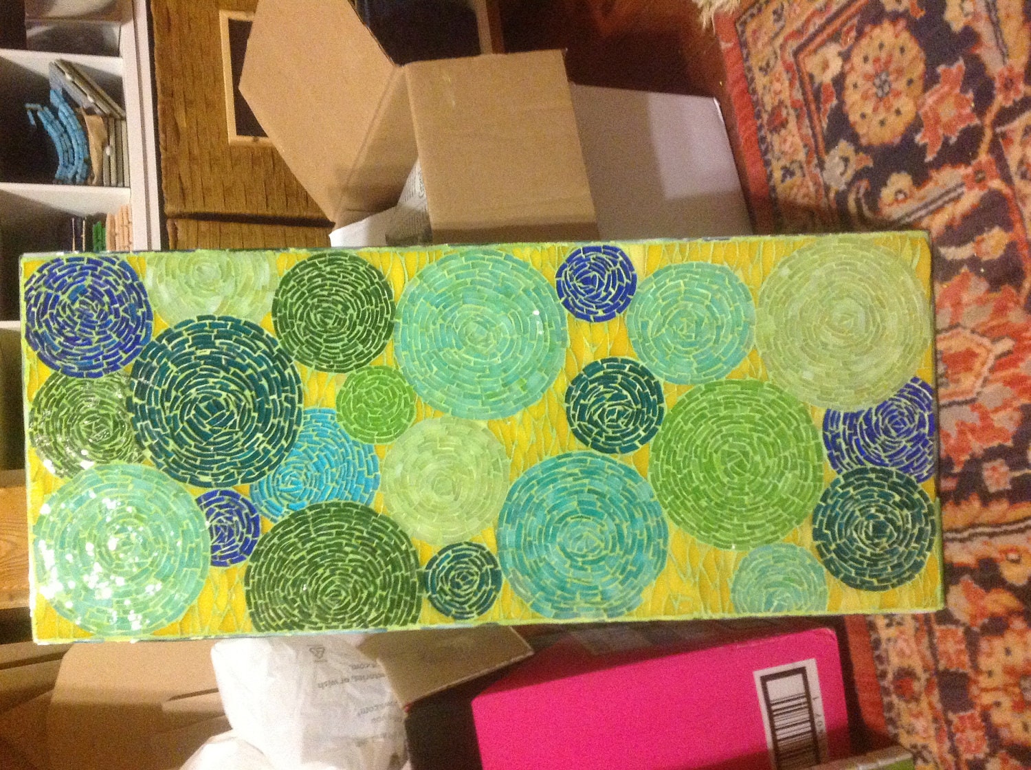OOAK Mosaic Art Flowers in the Sun using stained glass, Greens, Yellows, Blues & Aqua