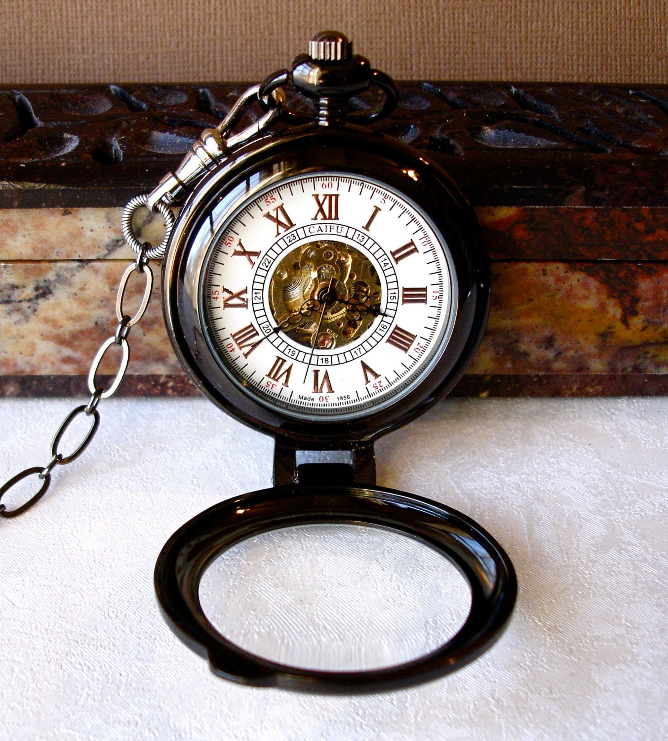 Pocket Watch - GunMetal & Magnifying Cover, White Face COPPER Roman Numerals, Mechanical  Movement on open Steampunk Back, Grooms Men gift