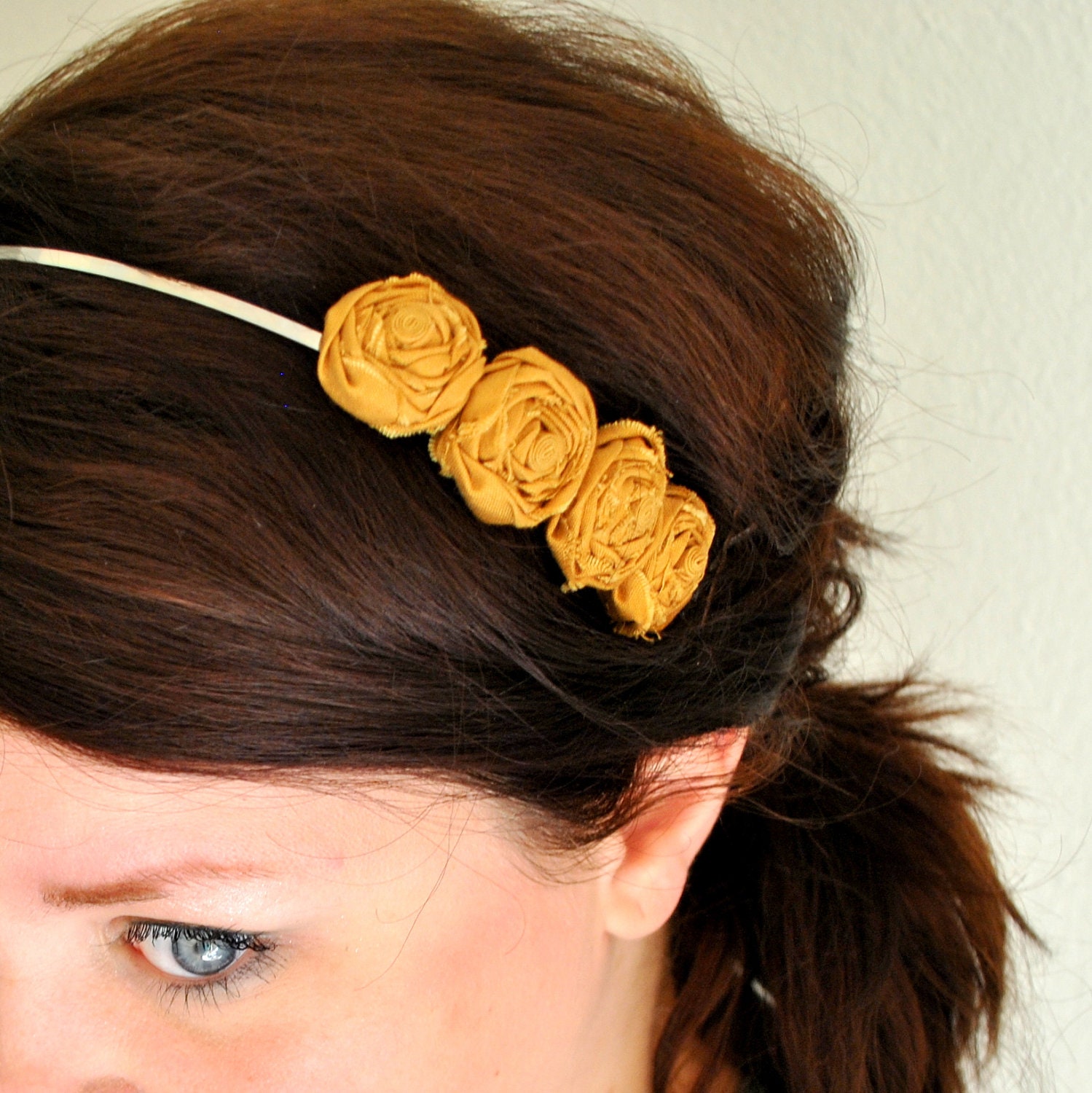 Mustard Yellow Rosette Flower Headband - Small Rosettes - Statement Hair Accessory