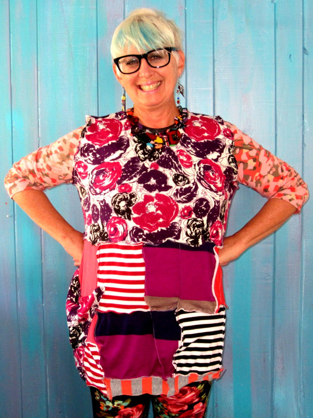 Upcycled multi pattern tunic with roses in cotton lycra