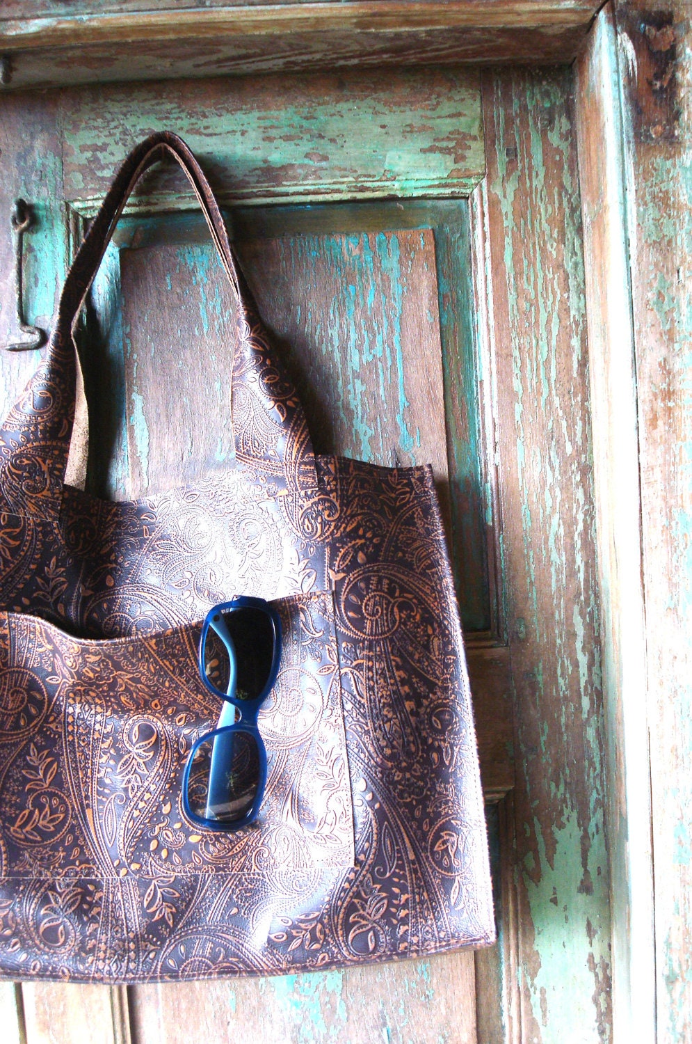 Handmade Embossed Dark Brown Leather Tote, Bag or Purse