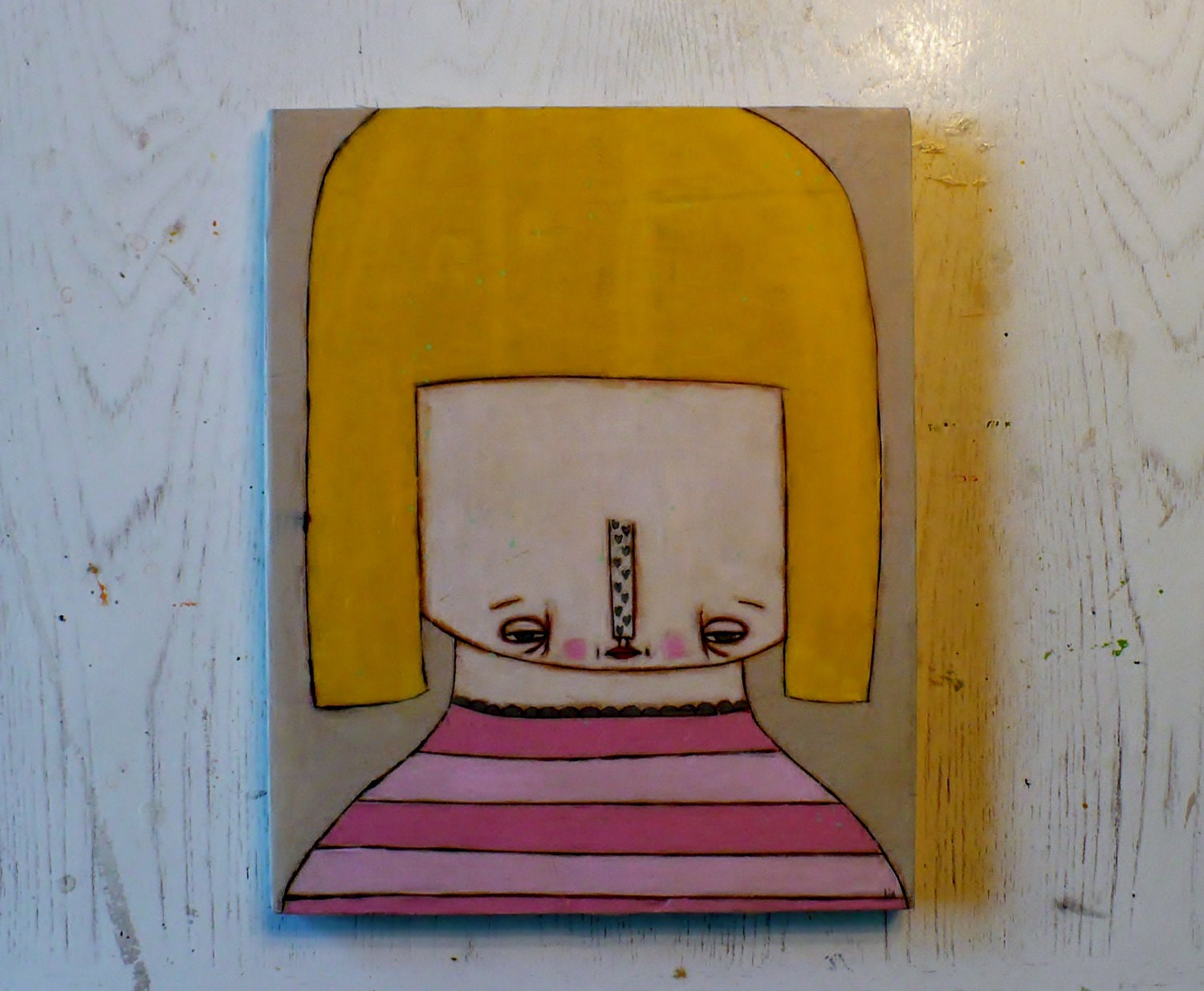 Valentines encaustic girl Original Lia Lane painting Lonely Girl beeswax Mixed MEdia art Wood Burned Painting
