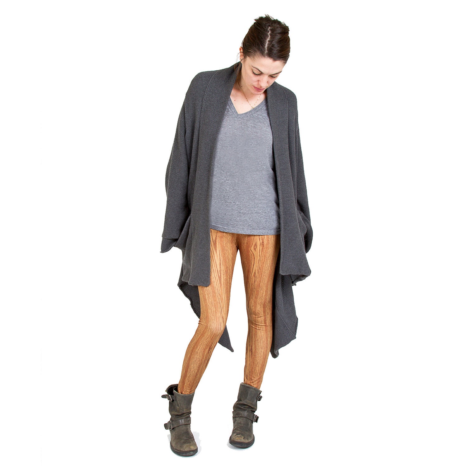Dark Woodgrain Printed Faux Bois Wood Leggings