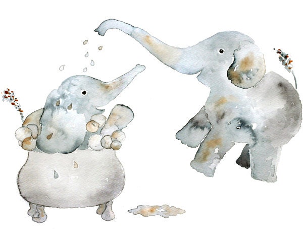 Baby Elephant painting, Kids Bathroom Art, Kids Bathroom Decor, Kids wall Art, Animal Painting - "Trunk Puffs and Bubbles"  8x10