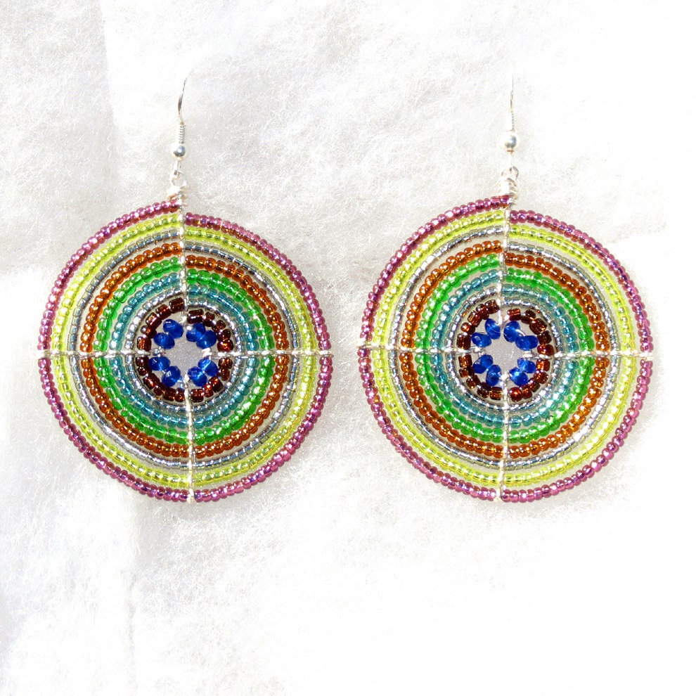 Peacock Feather Beaded Earrings (large), Maasai beading, African jewelry