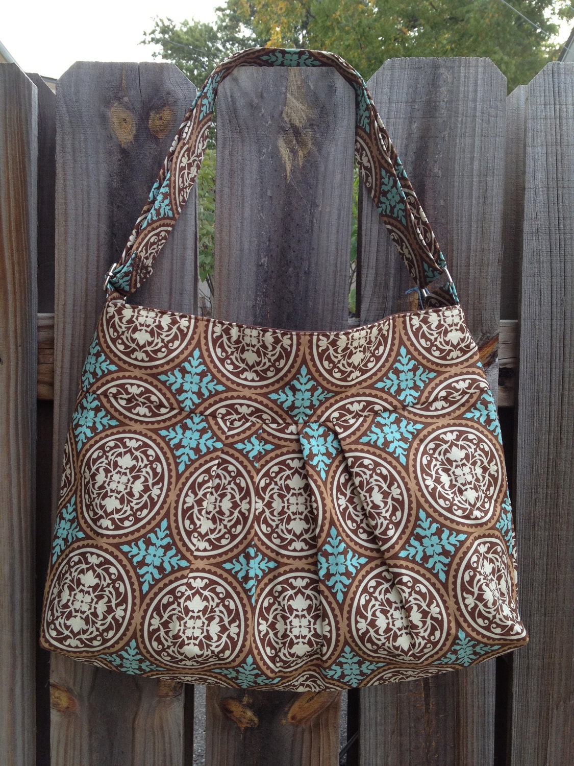 Hobo Purse Cross Body Pleated Bag with Adjustable Strap and Zipper Closure   - Brown and Turquoise