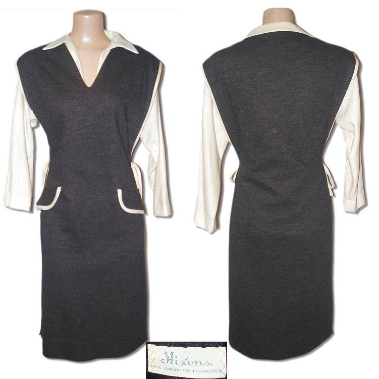 Vintage 50s Art Deco Pencil Dress & Blouse Set Jumper XL Wool Madmen "HIXONS" PLus Size