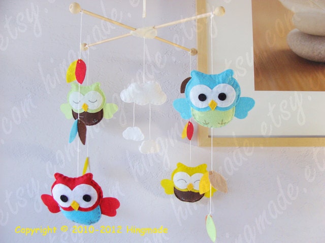 Owl Mobile - Baby Mobile - Felt Mobile - Colorful Bright Nursery - Red Yellow Green Blue Owls in clouds and leaves (Custom color available)