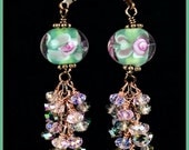 On Sale, Pale Green, Pink and White Crystal, Cluster, Lampwork Antique Copper Earrings