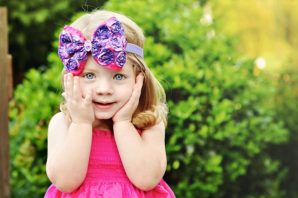 Purple and Shocking Pink Satin Rosette Hairbow Headband - Satin Roses Little Girls Headband or Hair Bow Clip