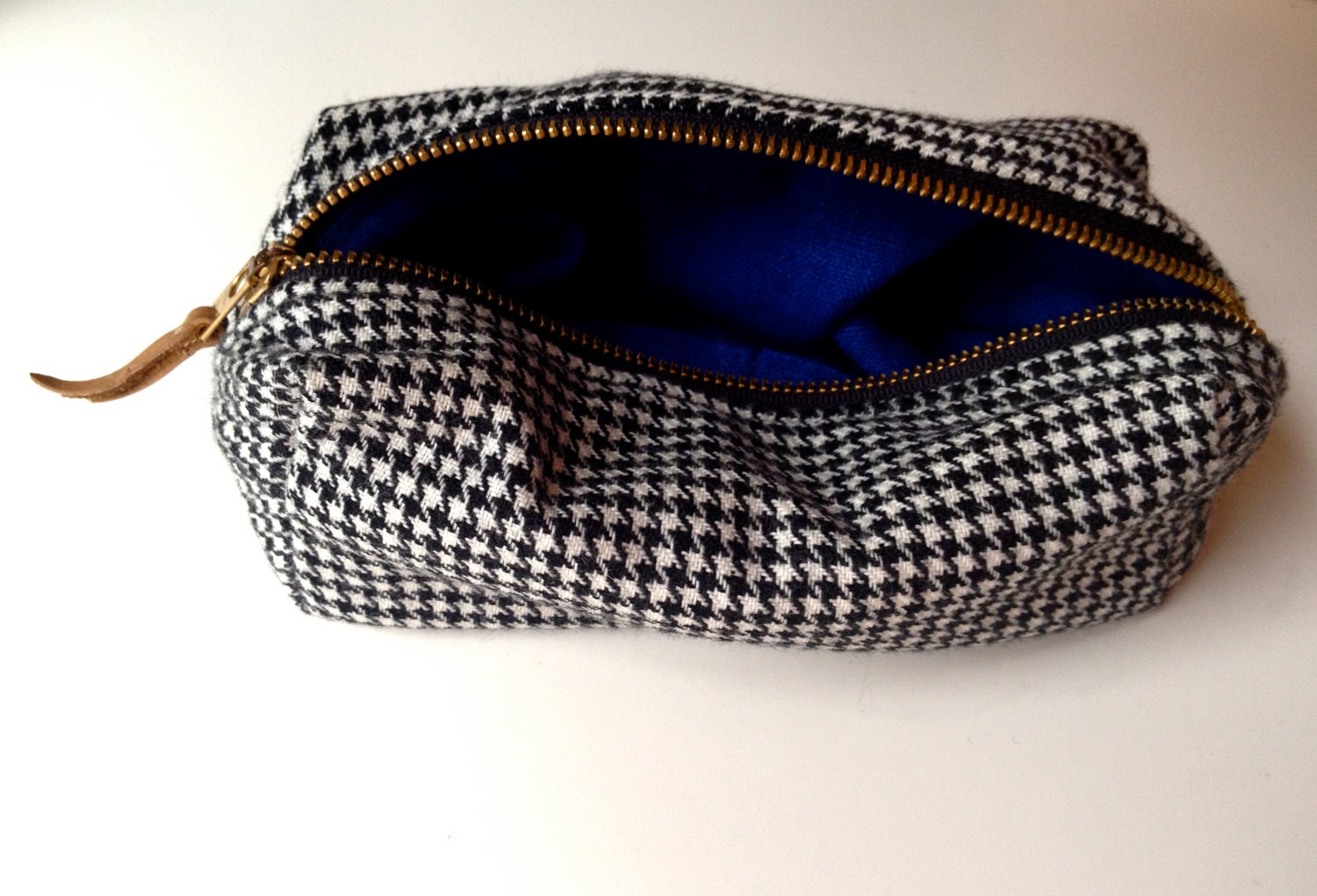 Toiletry Bag from Houndstooth Suit with Blue Lining & Leather - Small