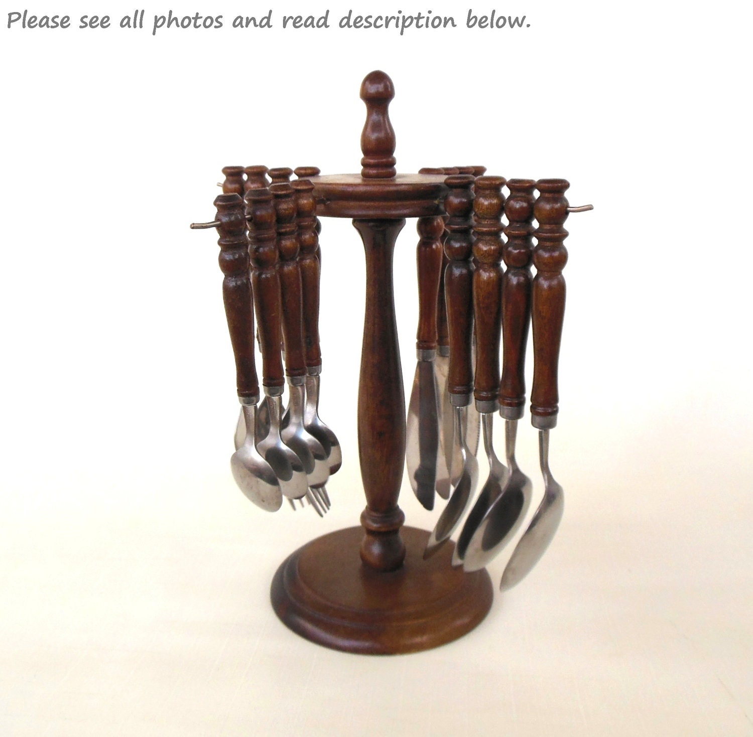 Wood Stainless Flatware Set & Storage Rack Caddy - 1980s Kitchen