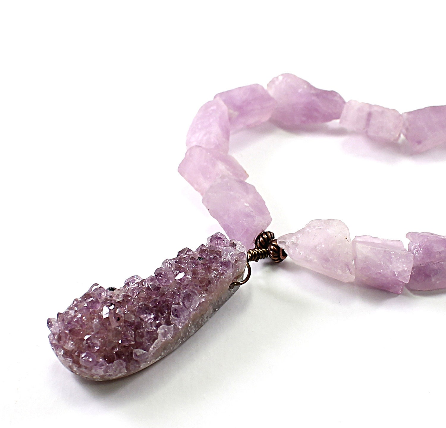 Rough stone necklace: druzy necklace, chunky huge, raw handmade jewelry summer fashion purple necklace for women lilac drusy pastel - NatureLook