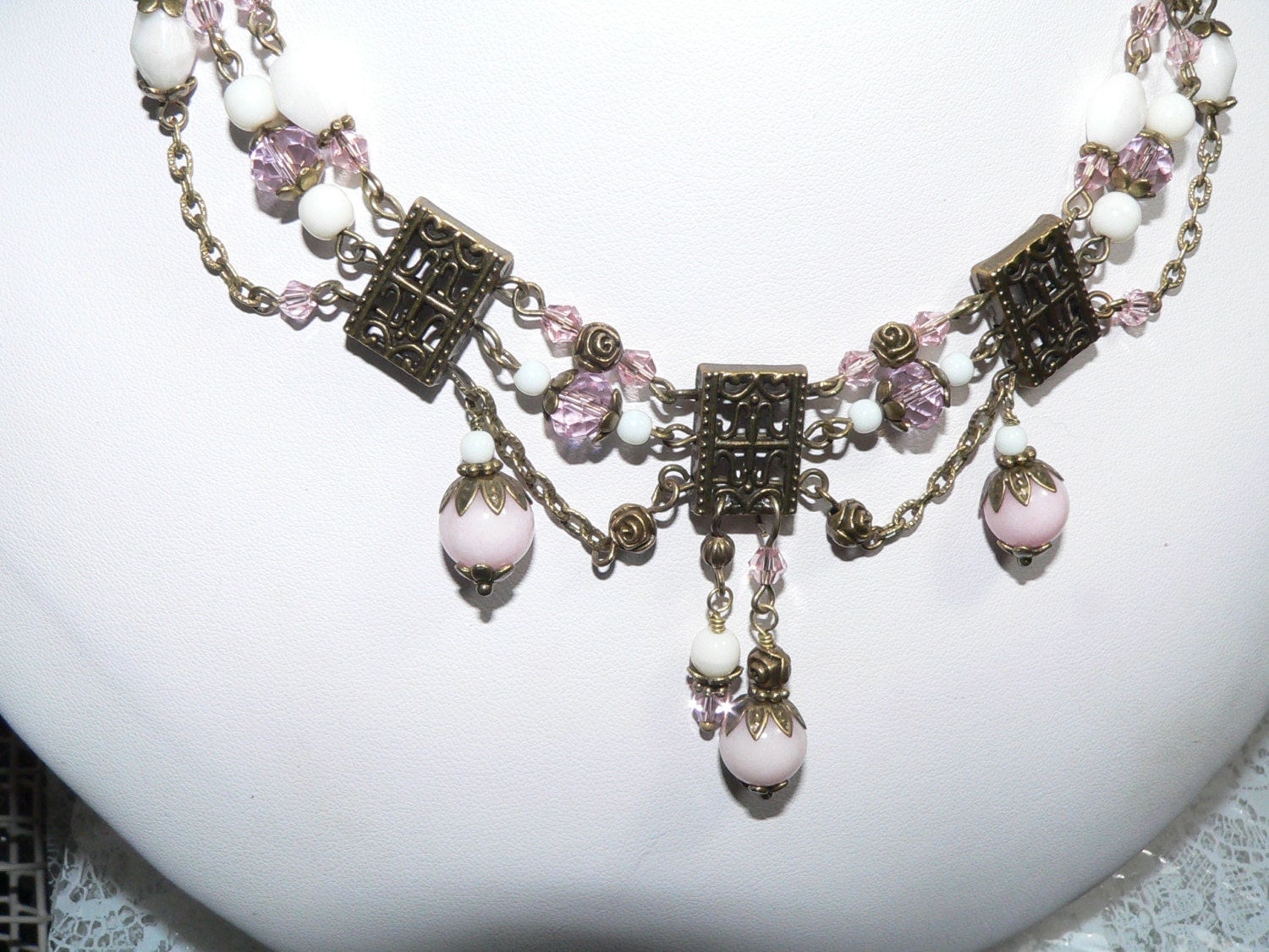 Vintage Style Victorian Jewelry - Beaded Chain Necklace - Pink Jade
