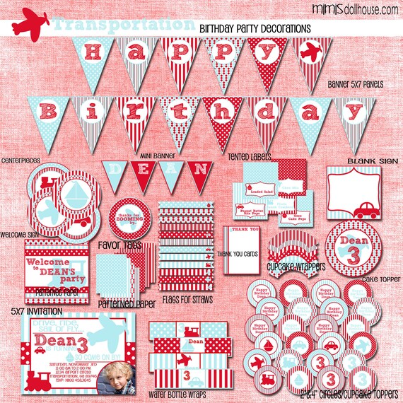 Transportation Party Decorations- Printable Transportation Birthday Party Decorations- Car, Plane, Boat, Train Party PDF Il_570xn