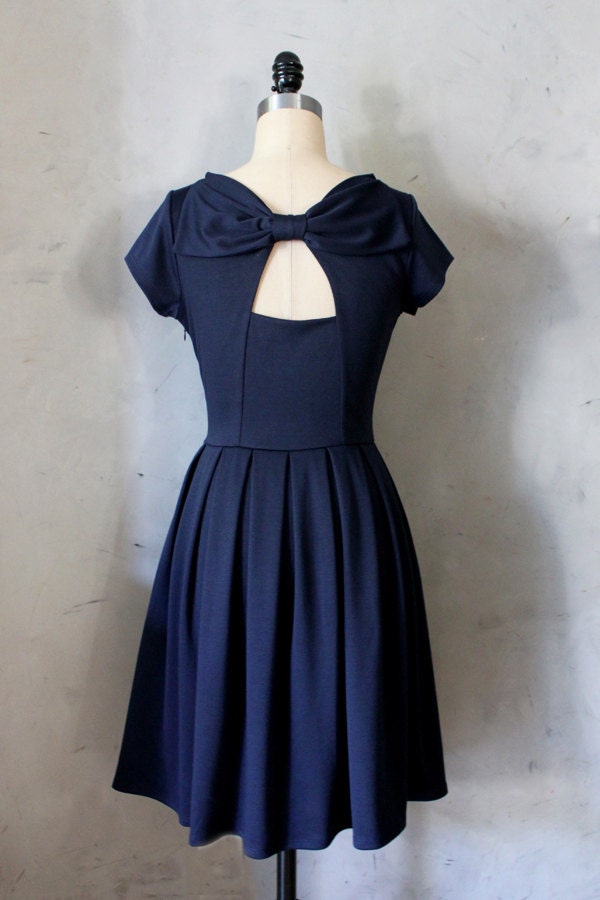 HOLLY GOLIGHTLY in NAVY - Navy blue dress with pockets // pleated skirt // back cut out & bow // bridesmaid dress // vintage inspired