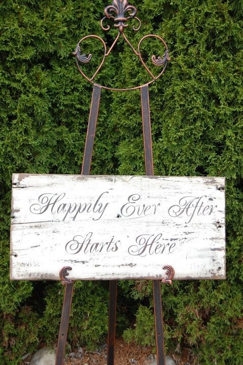 Wedding sign. Happily Ever After Starts Here. Hand painted on reclaimed barn wood.