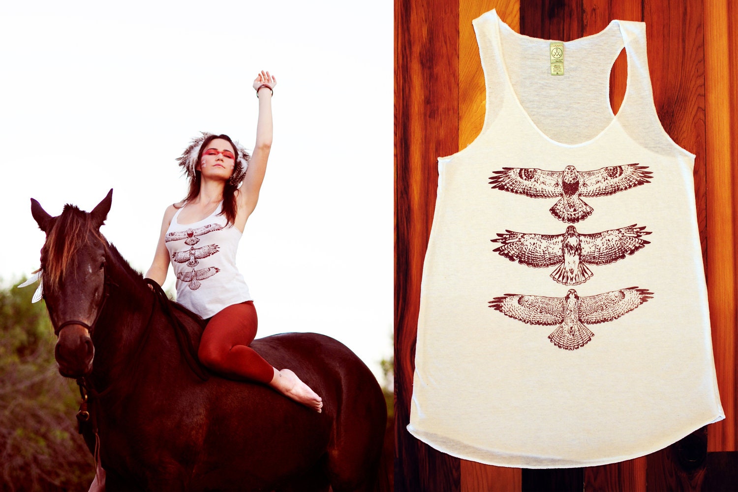 Hawk Totem tank top... hand drawn, hand screen printed, natural cream color tri-blend tank with rust color non-toxic water based ink