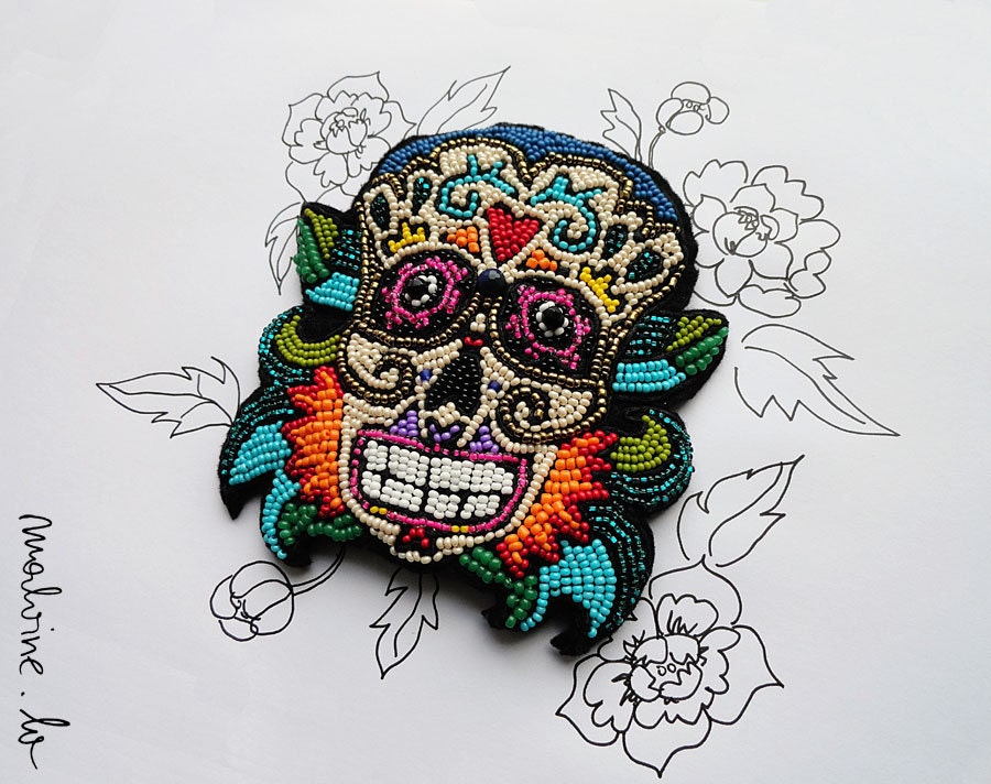 Day of Dead or Halloween Sugar Skull brooch and headdress - "Remember me" - bright and colorful - READY TO SHIP